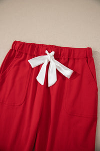 KaleaBoutique Stylish Contrast Trim Button V Neck Ribbon Bow Knot Waist 2pcs Lounge Pant Set - KaleaBoutique.com