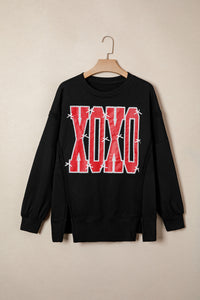 KaleaBoutique Stylish Bow Sequin XOXO Letter Graphic Exposed Seam Baggy Sweatshirt - KaleaBoutique.com