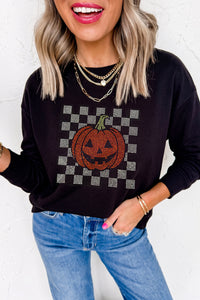 Black Rhinestone Pumpkin Checkered Halloween Long Sleeve Graphic Tee - KaleaBoutique.com