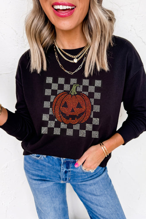 Black Rhinestone Pumpkin Checkered Halloween Long Sleeve Graphic Tee - KaleaBoutique.com