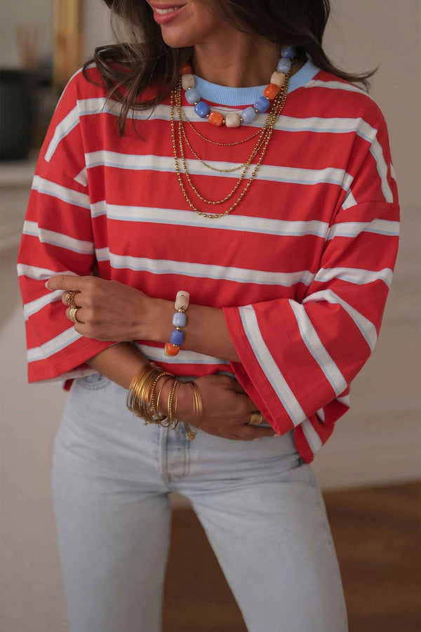 KaleaBoutique Stylish Striped Bow Tie Hollowed Back 7/8 Sleeve Casual T-Shirt - KaleaBoutique.com