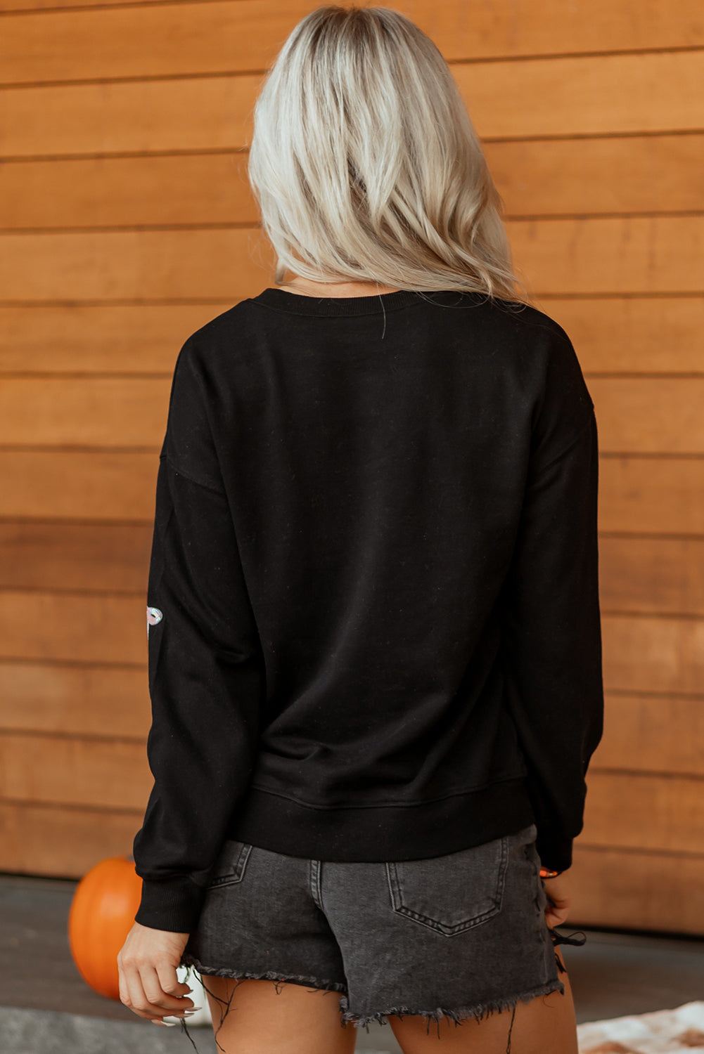 Black Sequin Bow Ghost Halloween Crew Neck Sweatshirt - KaleaBoutique.com