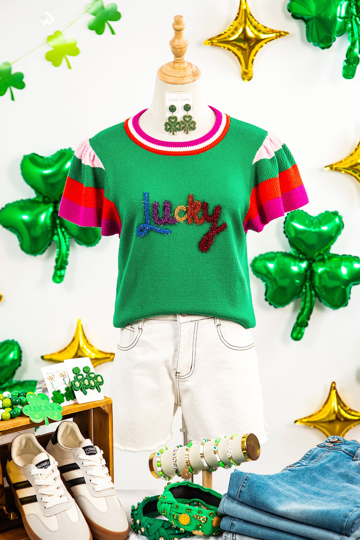 KaleaBoutique Stylish Shiny Lucky Striped Flutter Sleeve Round Neck Sweater - KaleaBoutique.com