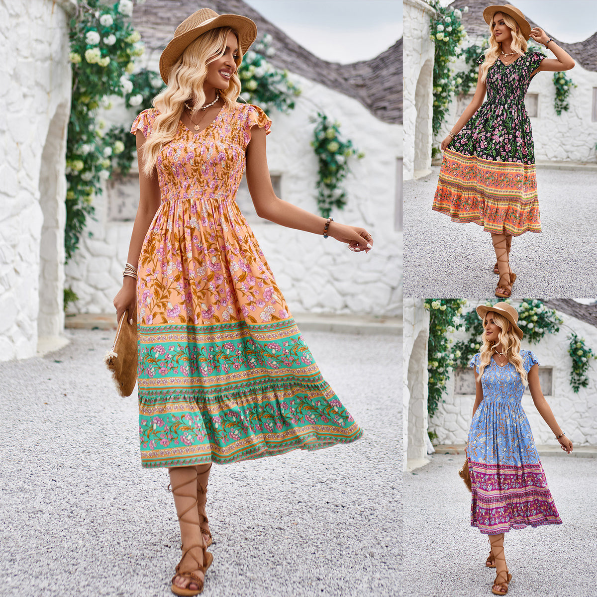 New Flowers Print V-neck Dress Summer Casual Ruffle Sleeveless Dresses Bohemian Holiday Beach Dress For Womens Clothing - KaleaBoutique.com