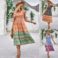 New Flowers Print V-neck Dress Summer Casual Ruffle Sleeveless Dresses Bohemian Holiday Beach Dress For Womens Clothing - KaleaBoutique.com