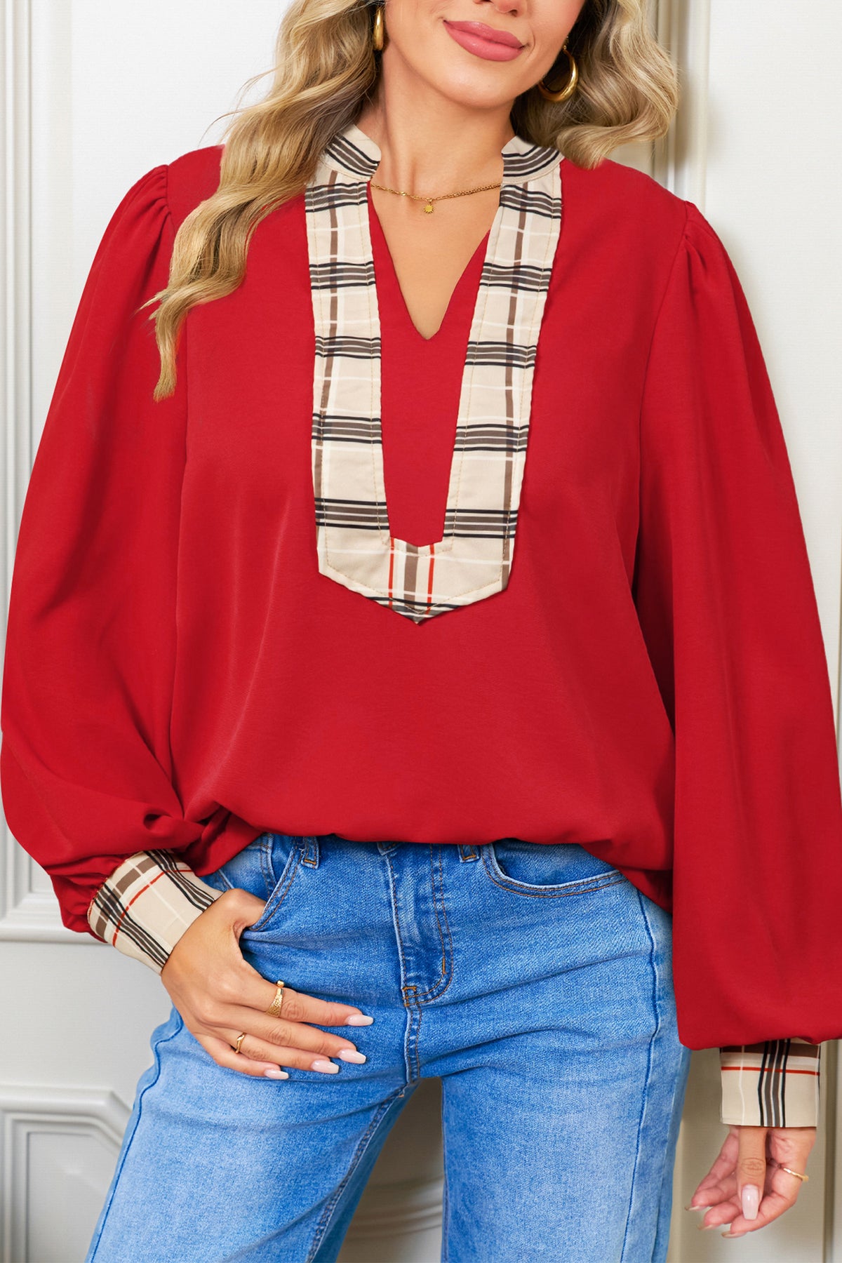 Contrast Plaid Patchwork V Neck Long Sleeve Blouse - KaleaBoutique.com