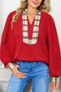 Contrast Plaid Patchwork V Neck Long Sleeve Blouse - KaleaBoutique.com