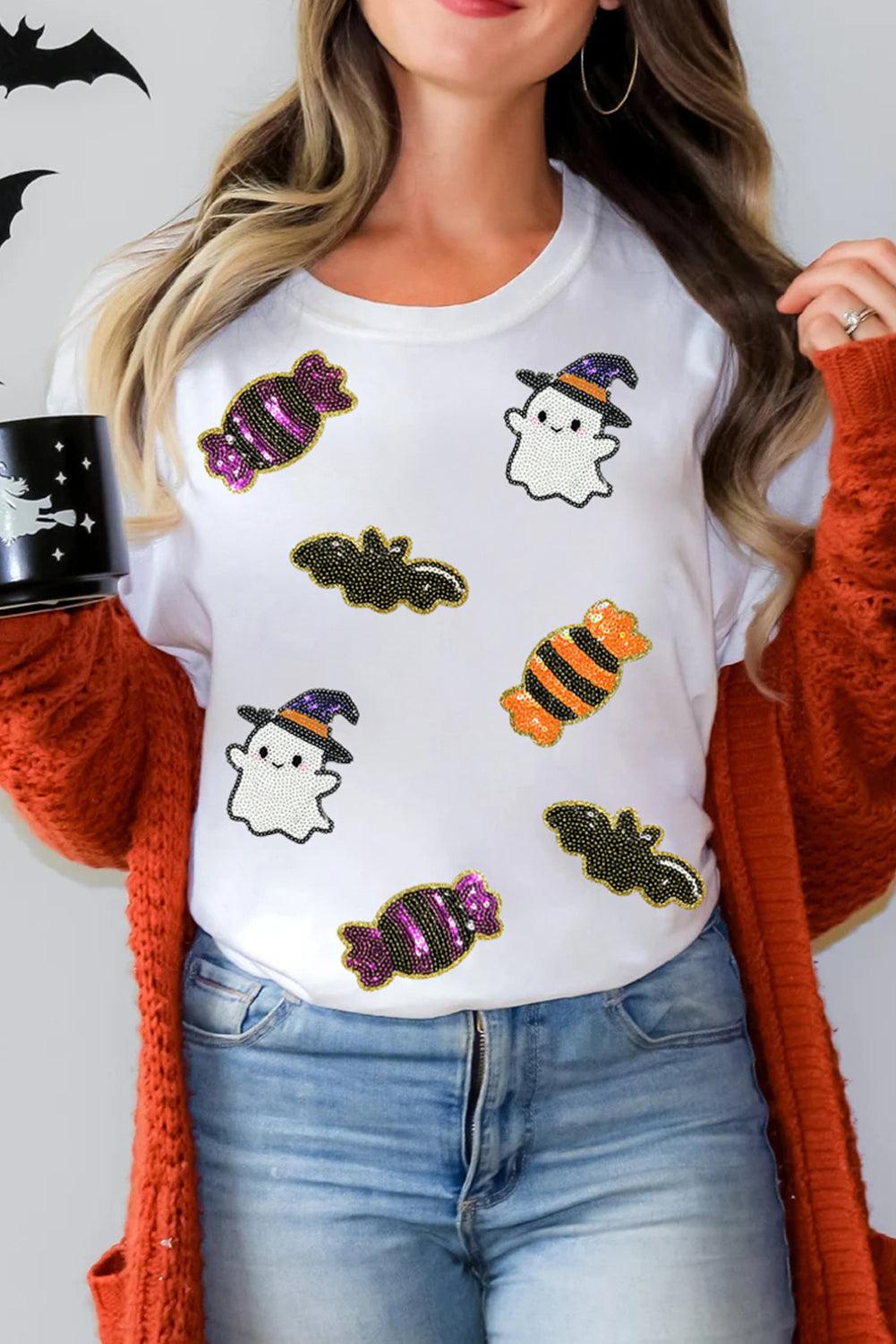 White Sequin Witch Ghost, Candy & Bat Halloween Graphic Tee - KaleaBoutique.com