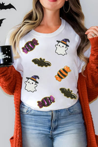 White Sequin Witch Ghost, Candy & Bat Halloween Graphic Tee - KaleaBoutique.com