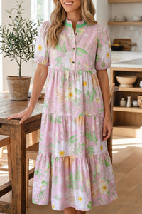 KaleaBoutique Comfortable Floral Print Short Puff Sleeve High Waist Tiered Maxi Dress - KaleaBoutique.com