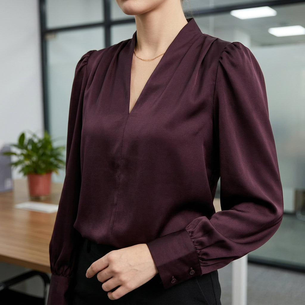 Women's V-Neck Gathered-Shoulder Long-Sleeve Blouse