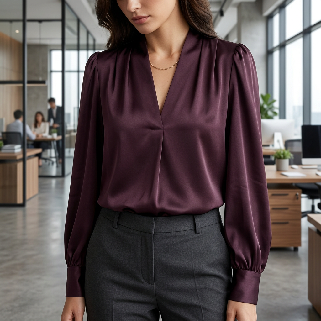 Women's V-Neck Gathered-Shoulder Long-Sleeve Blouse