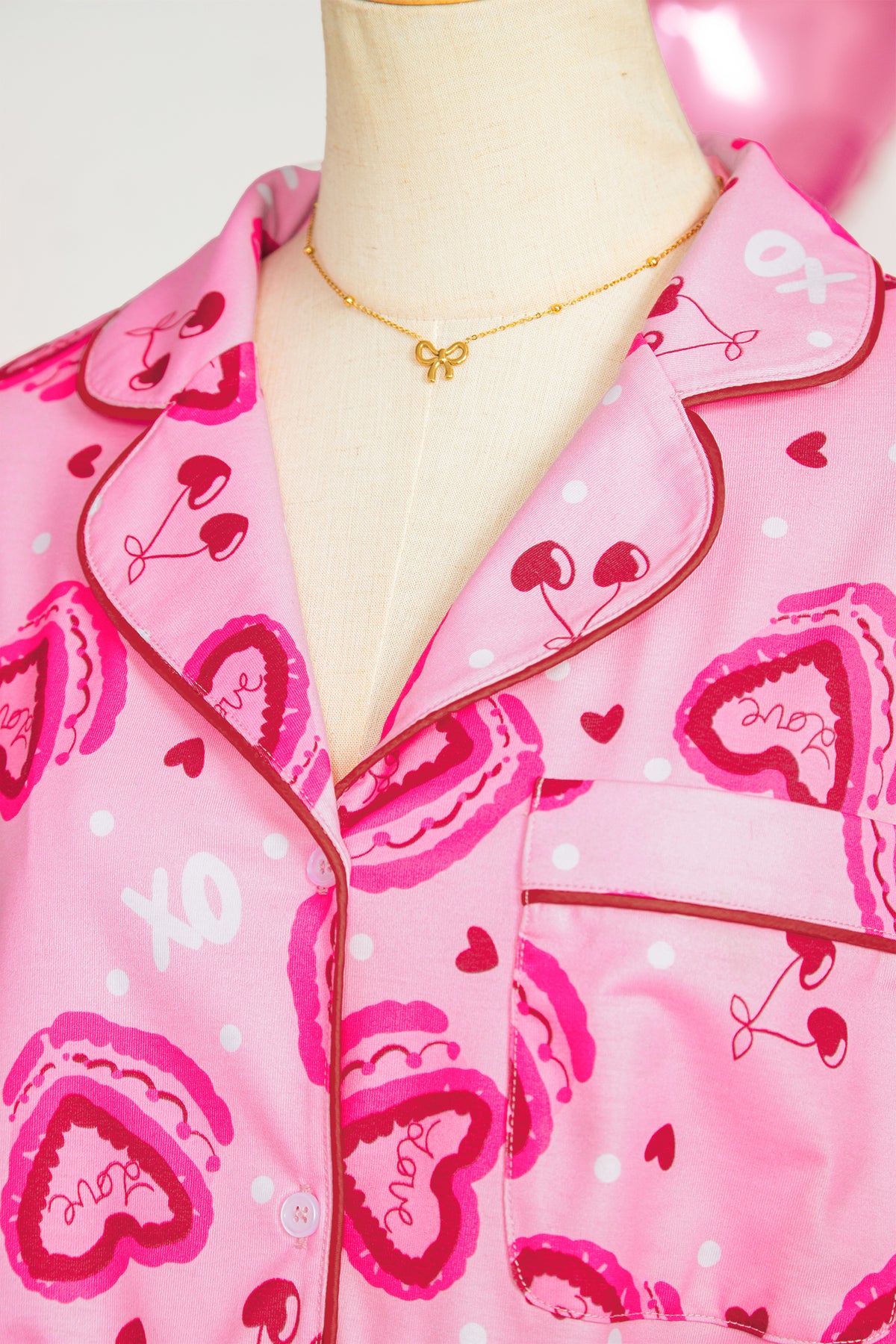 KaleaBoutique Stylish Sweet Heart Cake Print Contrast Ruffle Trim Valentines 2pcs Pajama Set - KaleaBoutique.com