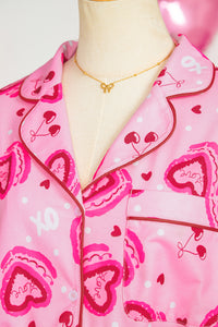 KaleaBoutique Stylish Sweet Heart Cake Print Contrast Ruffle Trim Valentines 2pcs Pajama Set - KaleaBoutique.com