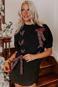 KaleaBoutique Comfortable Plaid Lace up Detail Christmas Holiday Puff Short Sleeve Sweater - KaleaBoutique.com