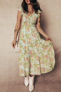 Smocked Bodice Ruffled Sleeveless Tiered Floral Maxi Dress - KaleaBoutique.com