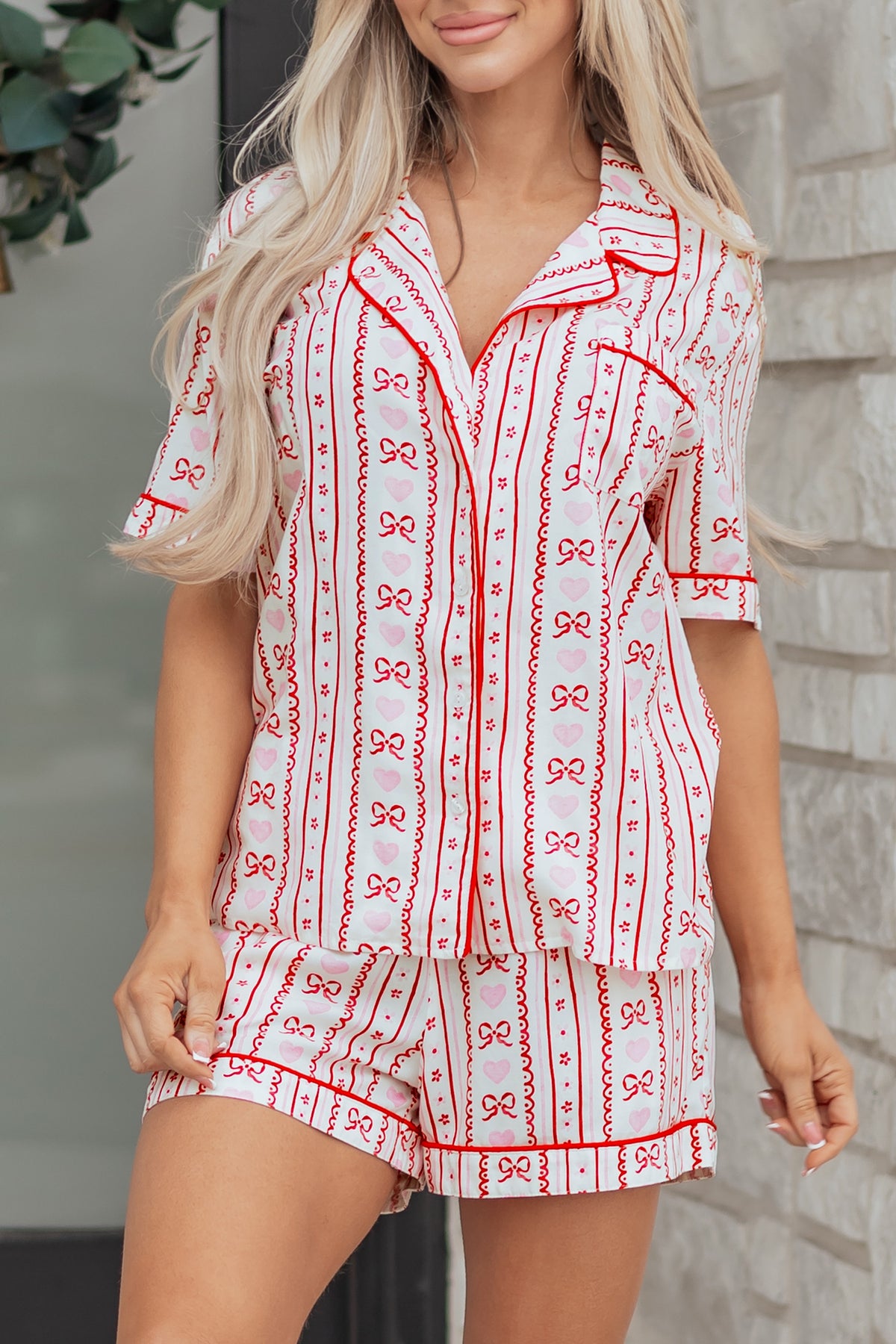 KaleaBoutique Stylish Cute Bow Heart Print Ribbon Decor Short 2pcs Pajama Set - KaleaBoutique.com