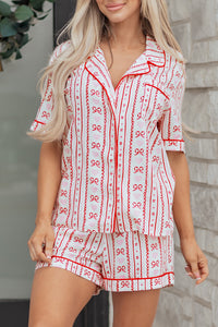 KaleaBoutique Stylish Cute Bow Heart Print Ribbon Decor Short 2pcs Pajama Set - KaleaBoutique.com