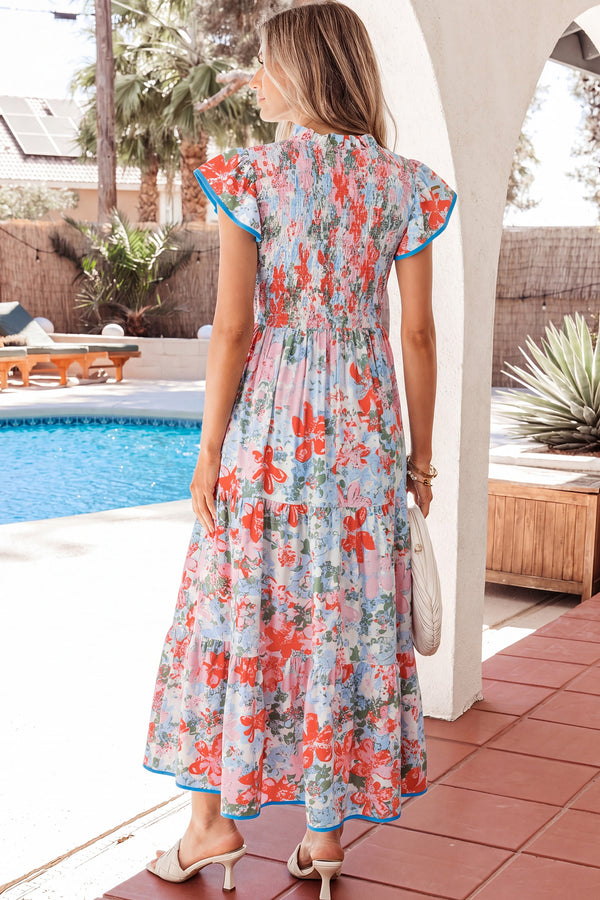KaleaBoutique Comfortable Floral Print V Neck Contrast Trim Flutter Sleeve Long Dress - KaleaBoutique.com