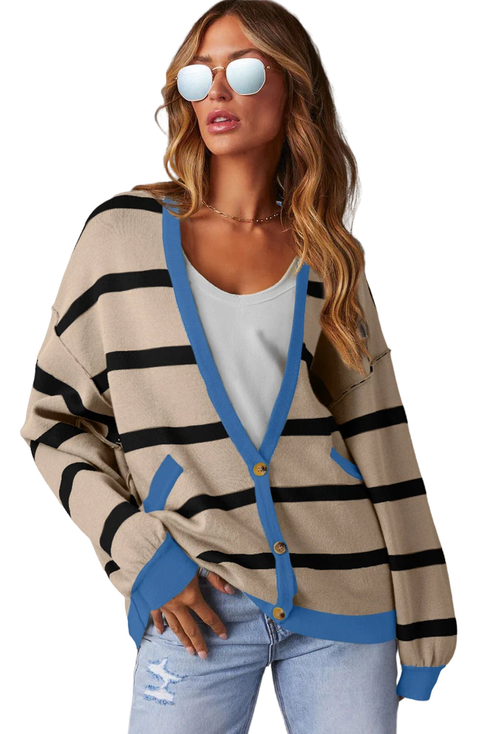 Colorblock Drop Shoulder Buttoned Loose Cardigan - KaleaBoutique.com