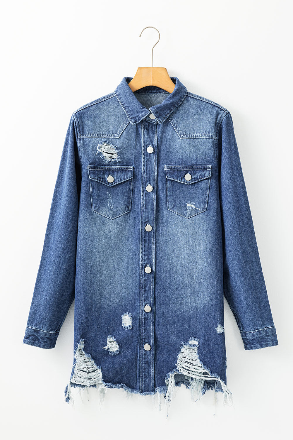 Light Wash Distressed Frayed Long Denim Jacket - KaleaBoutique.com