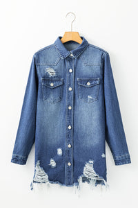 Light Wash Distressed Frayed Long Denim Jacket - KaleaBoutique.com