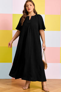 Black Plus Size Notched-Neck Short Sleeve Relaxed Dress - KaleaBoutique.com