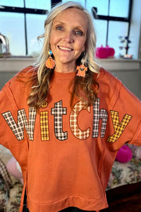 KaleaBoutique Comfortable Halloween Witchy Plaid Slogan Embroidered Patch Tunic Sweatshirt - KaleaBoutique.com