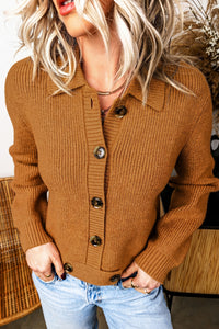 KaleaBoutique Stylish Ribbed Knit Collar Button Front Long Sleeve Cardigan - KaleaBoutique.com