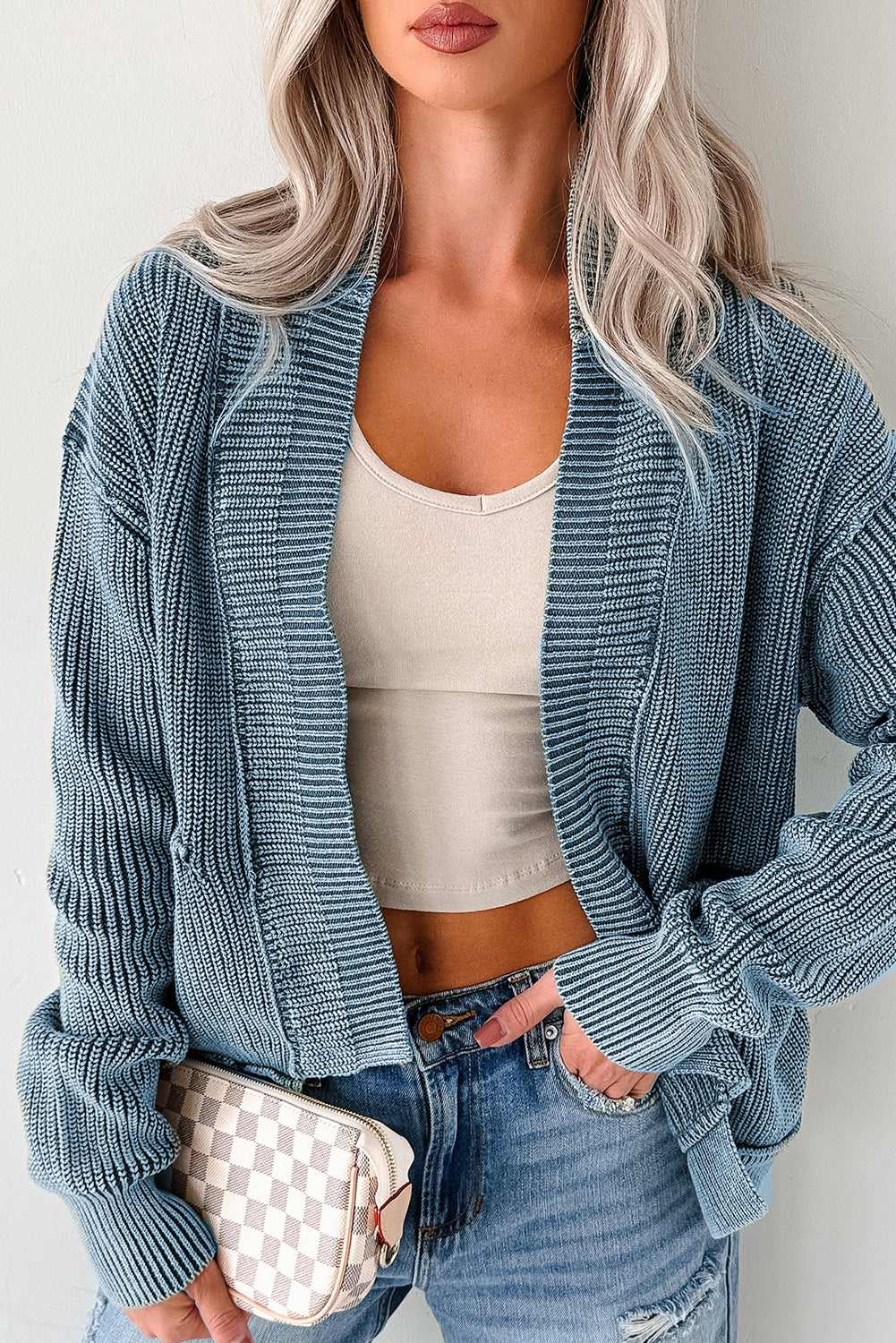 KaleaBoutique Stylish Mineral Wash Exposed Seam Patchwork Knit Open Sweater Cardigan - KaleaBoutique.com