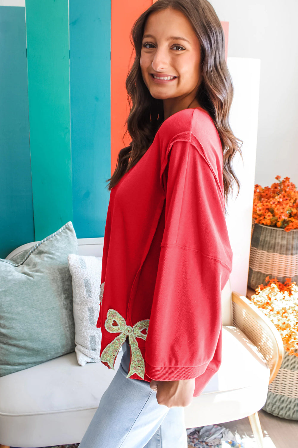 Floral Bow Patched Exposed Seam Patchwork Slit Baggy Sweatshirt - KaleaBoutique.com