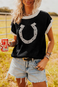 KaleaBoutique Comfortable Horse Shoe Pattern Contrast Trim Short Sleeve Sweater - KaleaBoutique.com