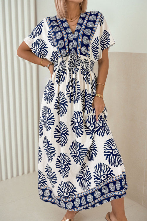 KaleaBoutique Comfortable Boho Floral Print Contrast Patchwork V Neck Dolman Maxi Dress - KaleaBoutique.com