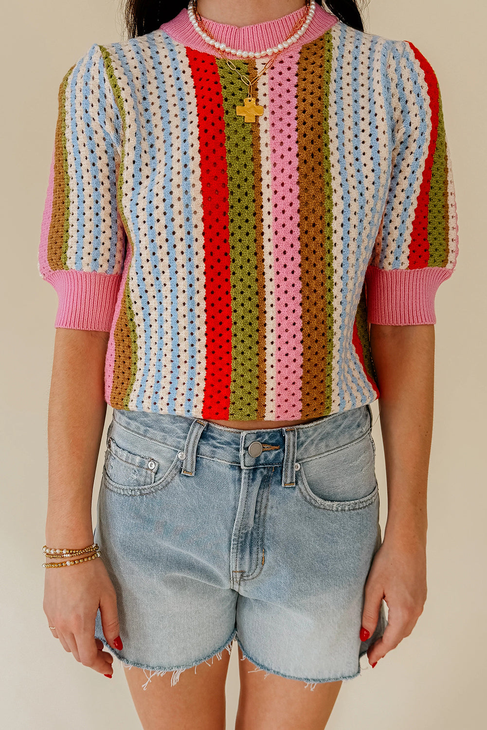 KaleaBoutique Stylish Striped Pointelle Knit Short Sleeve Sweater - KaleaBoutique.com