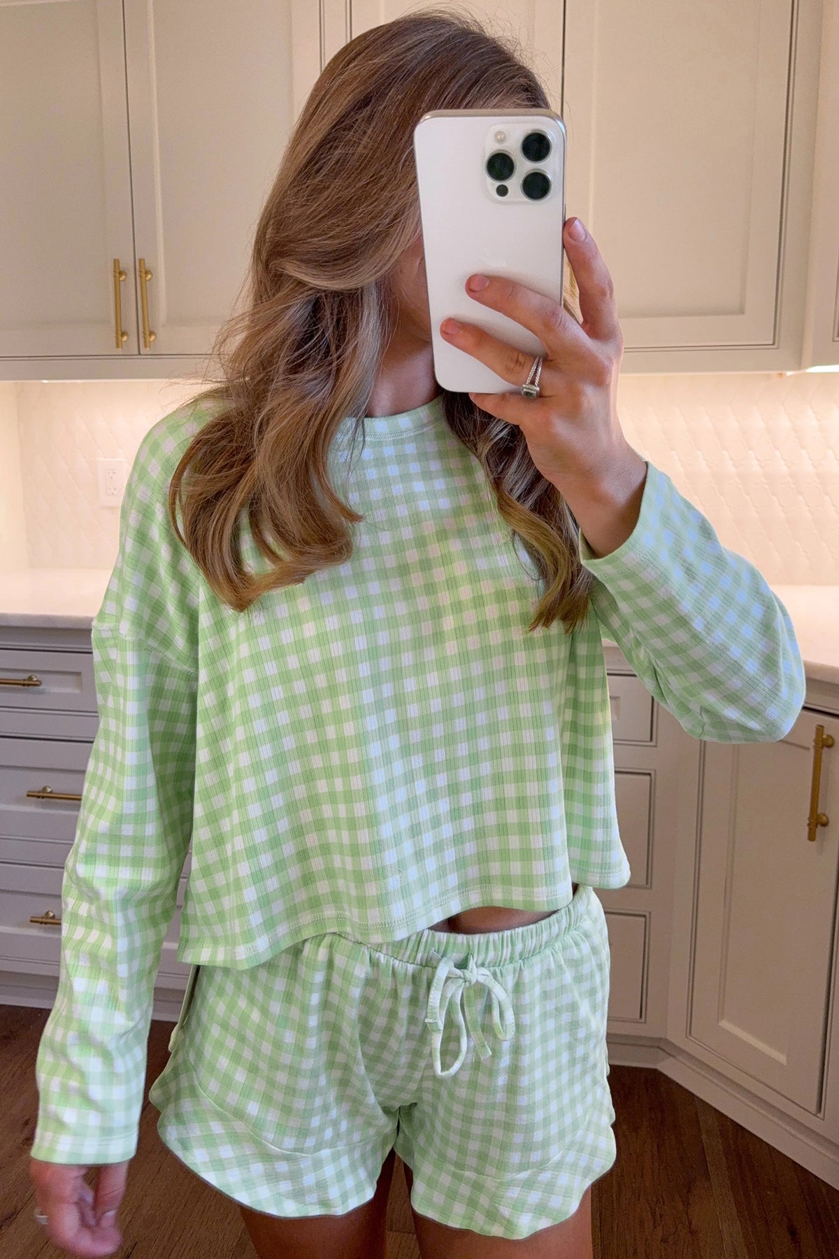 KaleaBoutique Stylish Gingham Long Sleeve Loose Top Drawstring Shorts 2pcs Lounge Set - KaleaBoutique.com