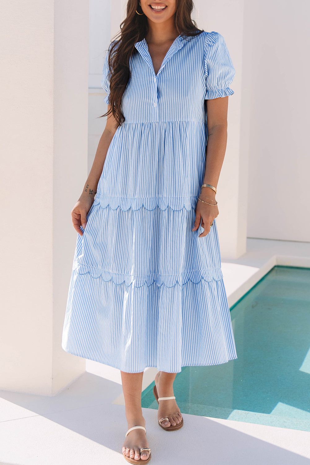 Bubble Short Sleeve Tiered Scallop Long Dress - KaleaBoutique.com