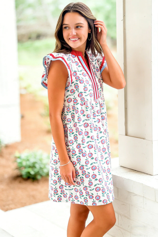 KaleaBoutique Stylish Floral Print Contrast Trim Flutter Sleeve Mini Dress - KaleaBoutique.com