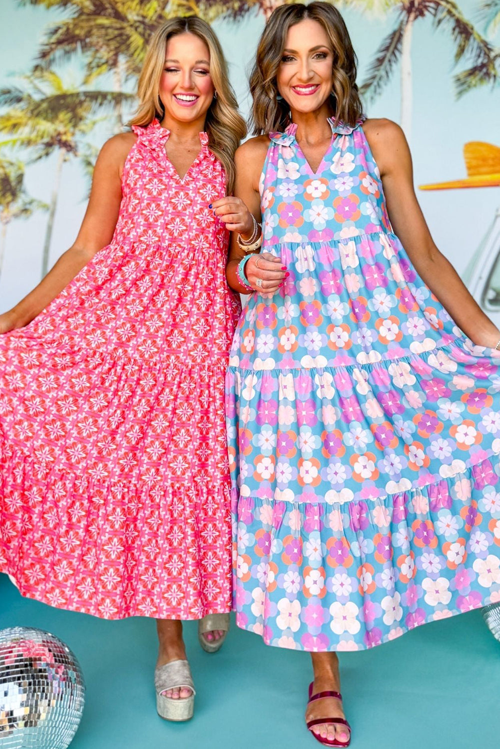 Floral Print Frilly Neck Sleeveless Tiered Maxi Dress - KaleaBoutique.com