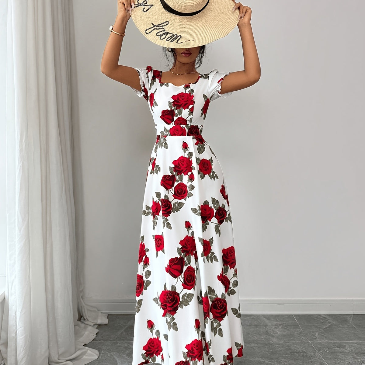 Elegant Vintage Rose-print Puff-sleeve Maxi Dress - KaleaBoutique.com