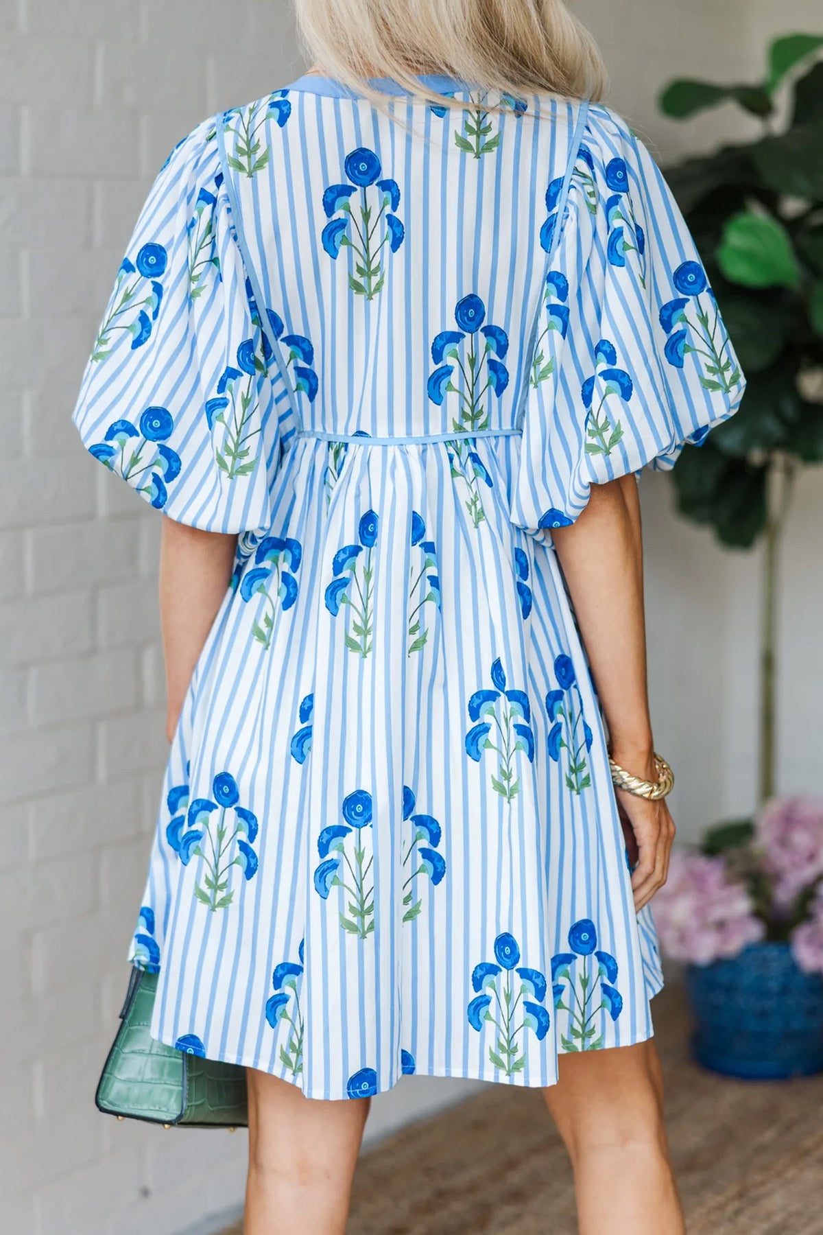KaleaBoutique Comfortable Floral Striped Print Tie Notched Neck Puff Sleeve Flared Mini Dress - KaleaBoutique.com