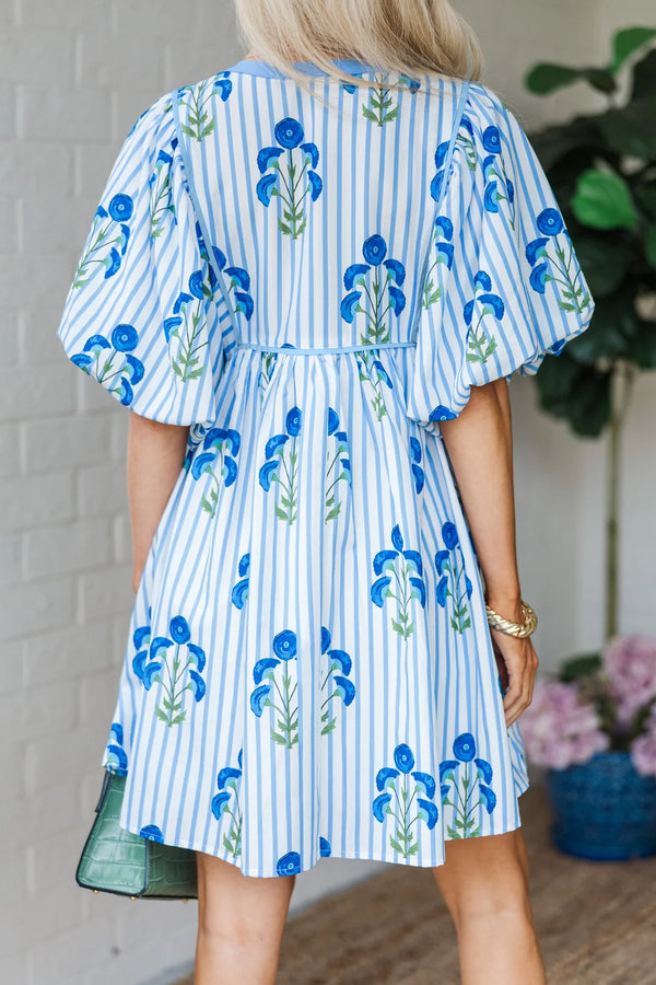 KaleaBoutique Comfortable Floral Striped Print Tie Notched Neck Puff Sleeve Flared Mini Dress - KaleaBoutique.com