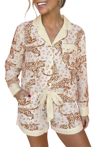 KaleaBoutique Stylish Leopard Print Colorblock Pocket Placket Long Sleeve Lounge Set - KaleaBoutique.com