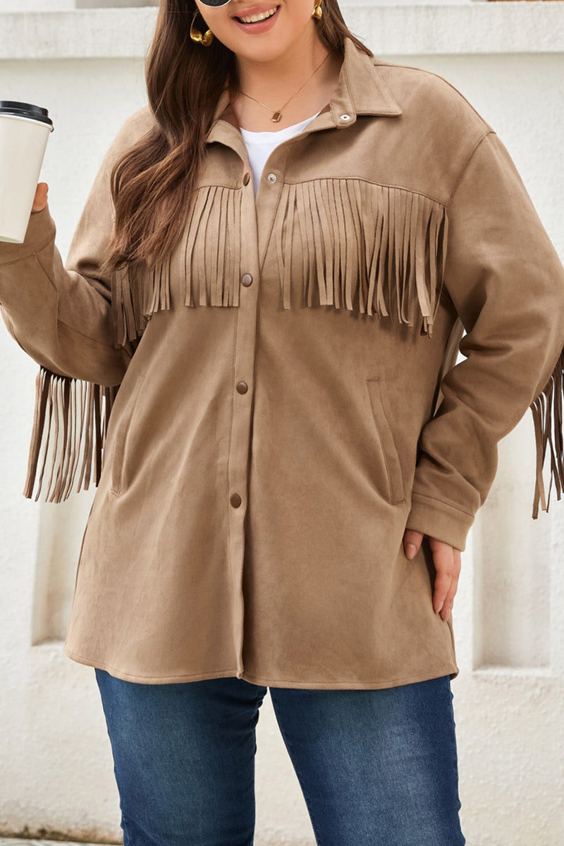 KaleaBoutique Fringe Trim Plus Size Suede Shacket - KaleaBoutique.com