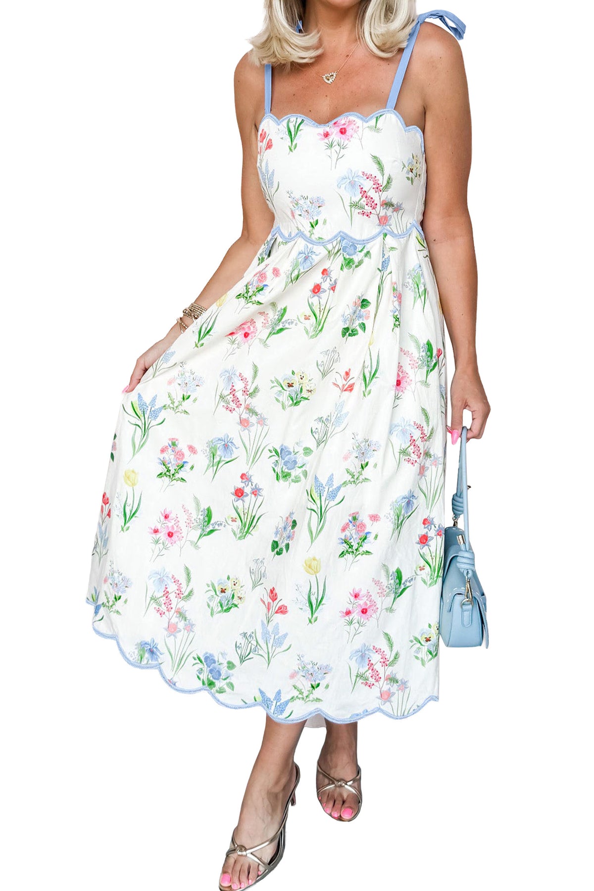KaleaBoutique Stylish Floral Print Contrast Trim Self-tie Straps High Waist Midi Dress - KaleaBoutique.com
