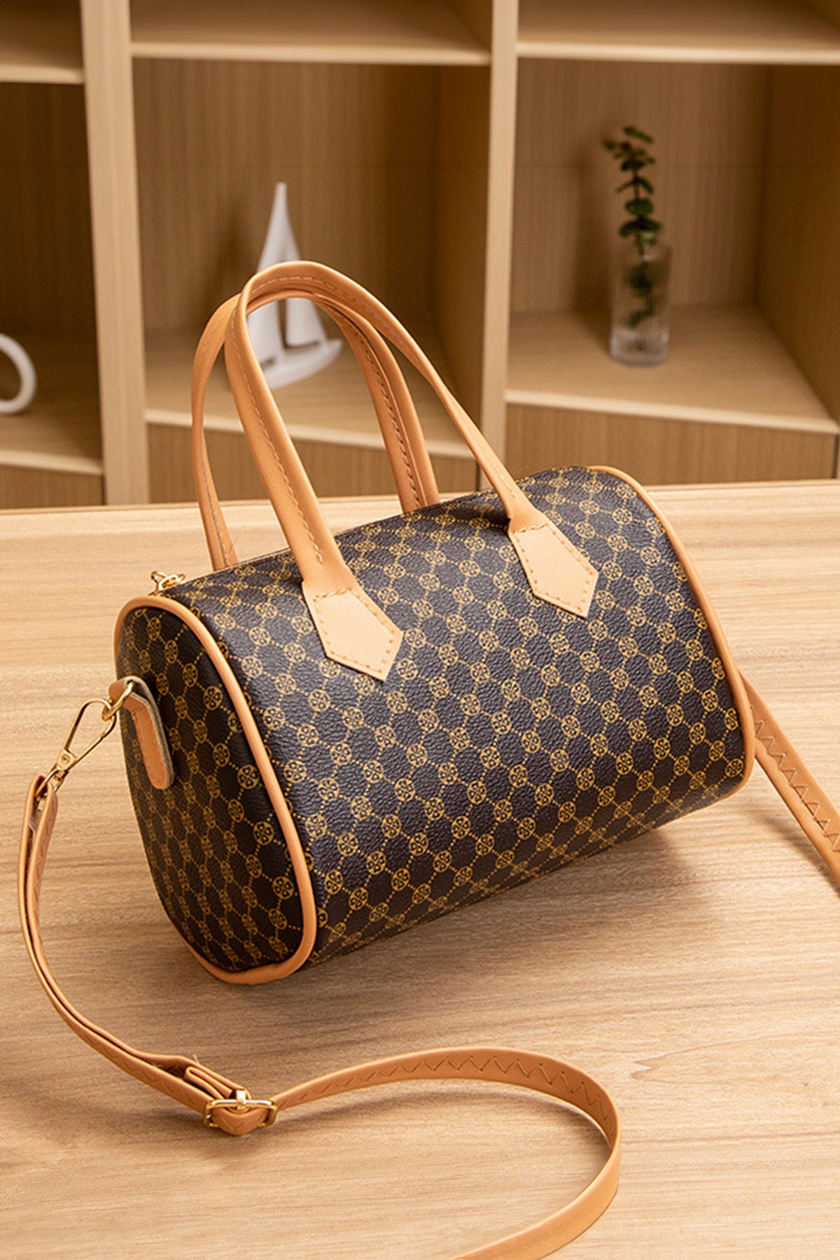 Coffee Retro Geometric Print Portable Shoulder Strap PU Leather Bag - KaleaBoutique.com