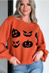 KaleaBoutique Halloween Pumpkin Face Pattern Drop Shoulder Sweater - KaleaBoutique.com