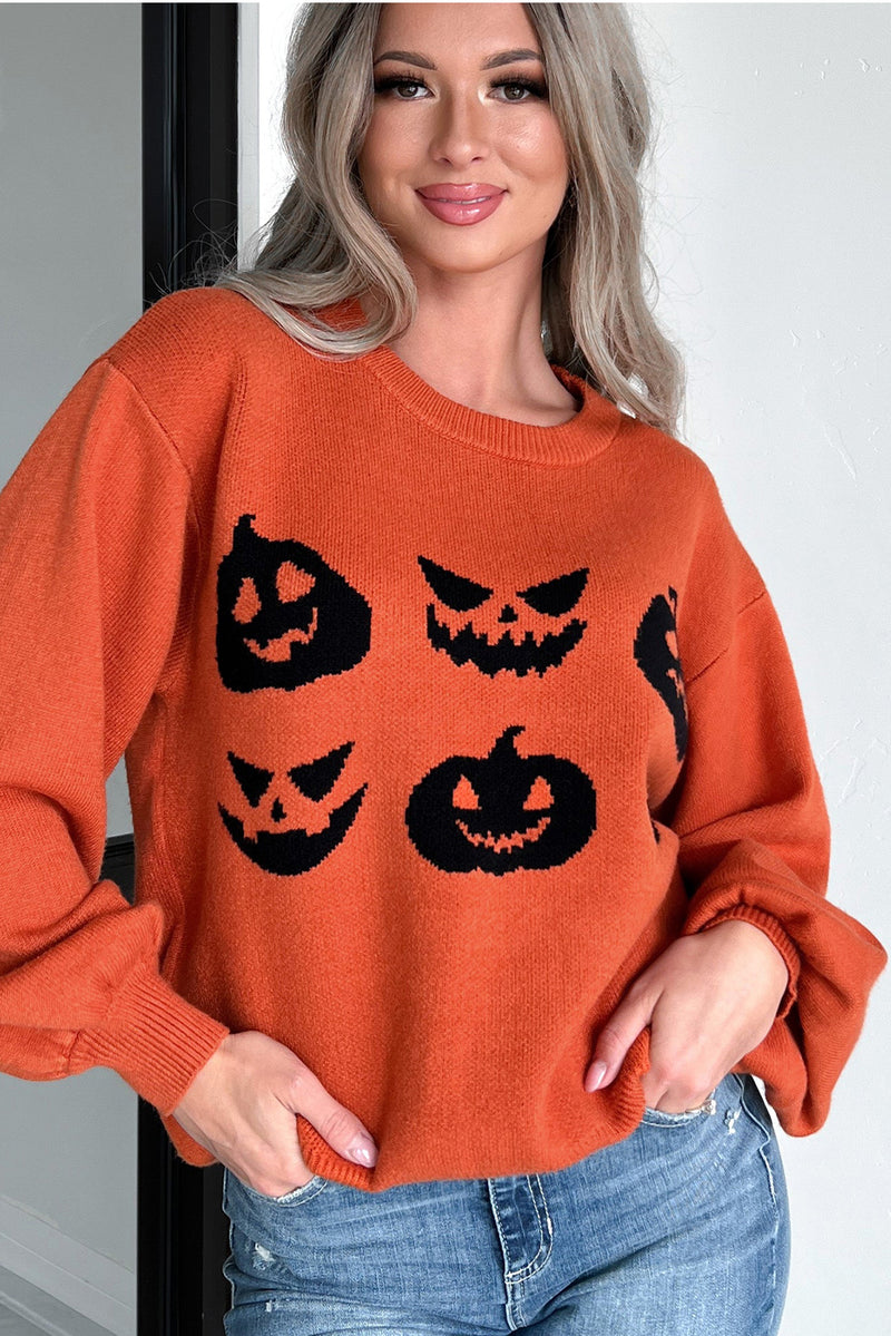 KaleaBoutique Halloween Pumpkin Face Pattern Drop Shoulder Sweater - KaleaBoutique.com