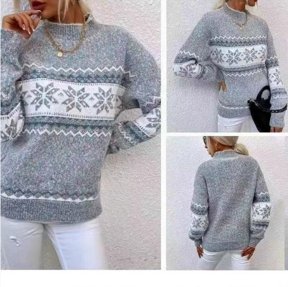 Women's Snowflake Mock-Neck Pastel Color Christmas Pullover Sweater - KaleaBoutique.com