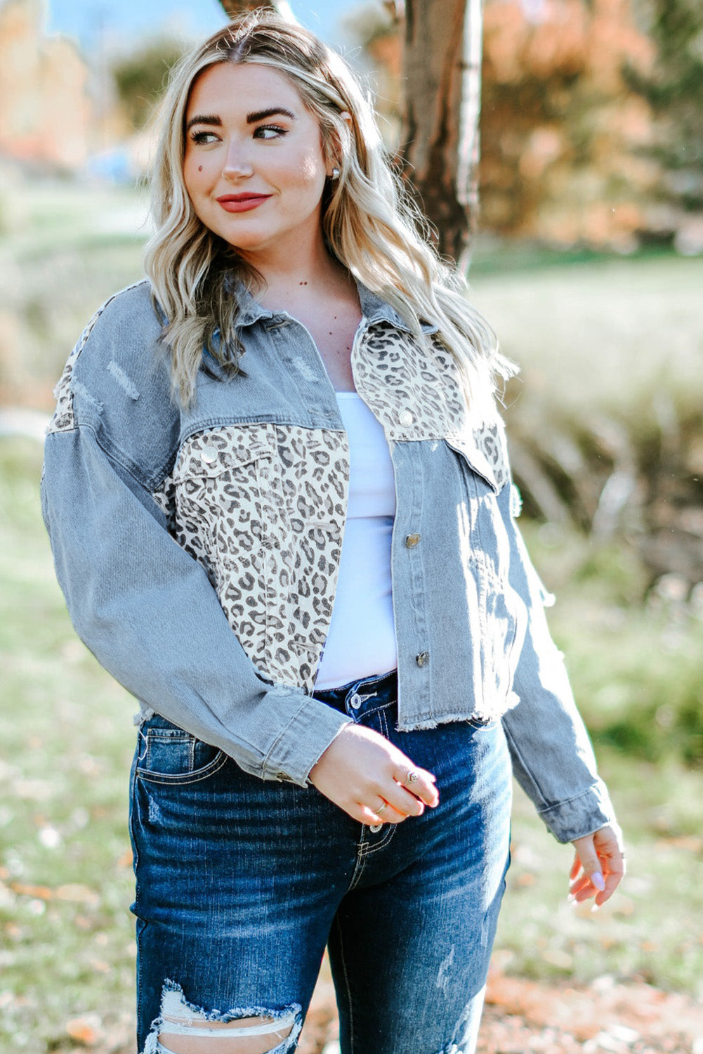 Blue Plus Size Leopard Ripped Cropped Denim Jacket - KaleaBoutique.com