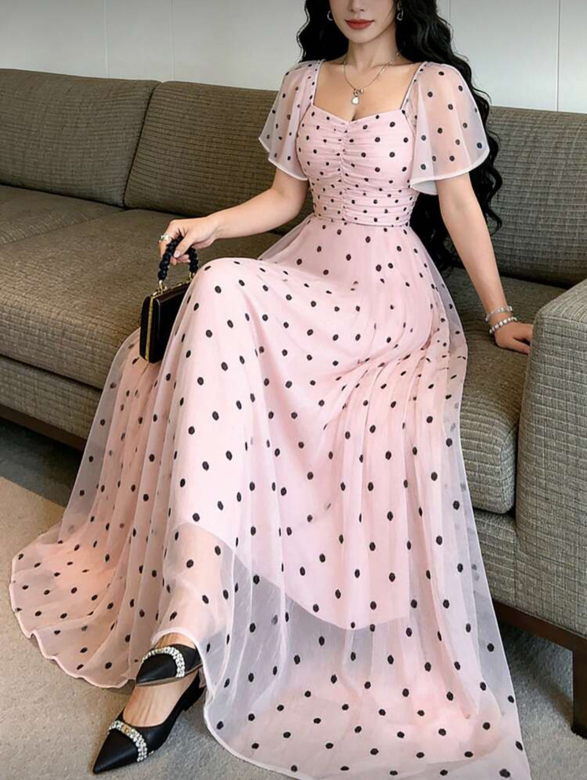 Women's Printed Flutter-Sleeve Ruched-Bodice Maxi Dress - KaleaBoutique.com